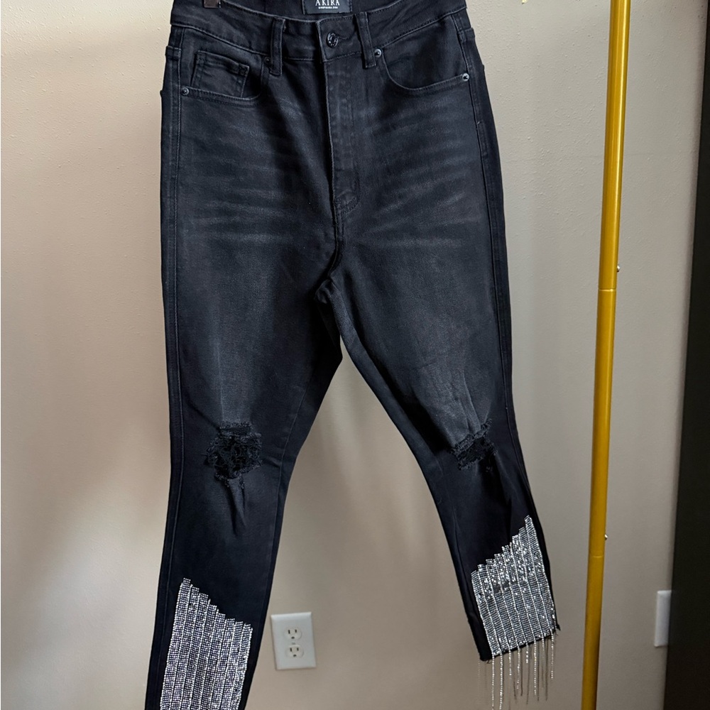 AKIRA Black Rhinestone Fringe Skinny Jeans High Rise Distressed W28 - Picture 6 of 15